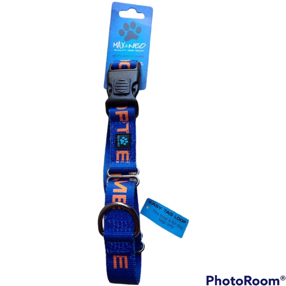 💥HP 💥Nylon Max & Neo Martingale Collar Blue/Orange "Adopt Me" 14"-16.25